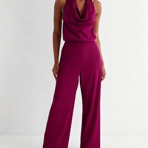 Satin Tie Halter Cowl Neck Wide Leg Jumpsuit